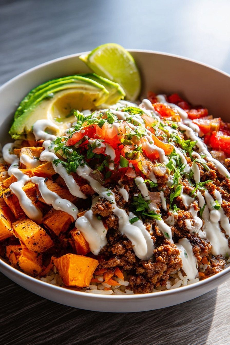 Delicious Ground Beef Sweet Potato Taco Bowl with Lime Crema final result