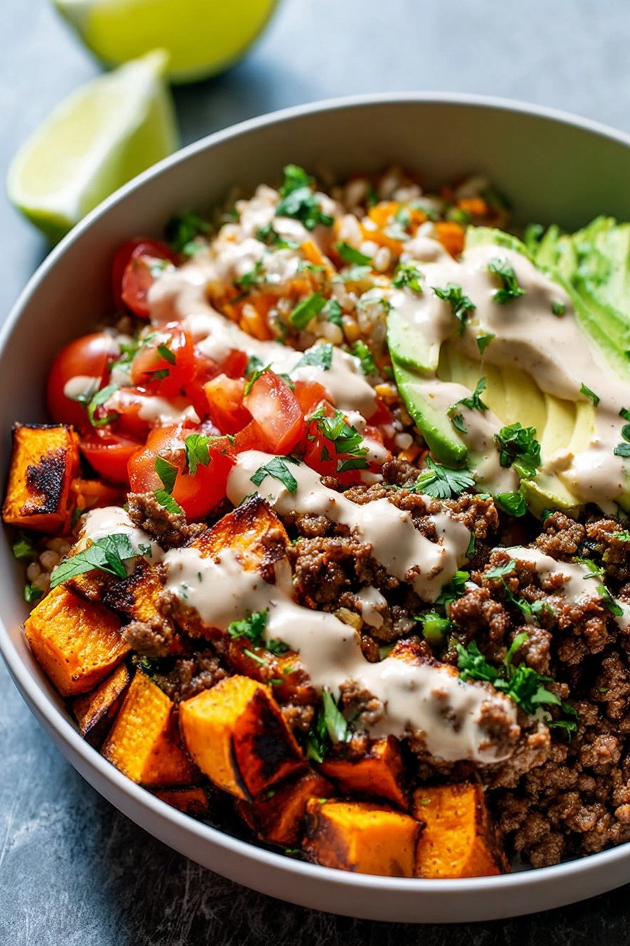 Delicious Ground Beef Sweet Potato Taco Bowl with Lime Crema extra recipe photo