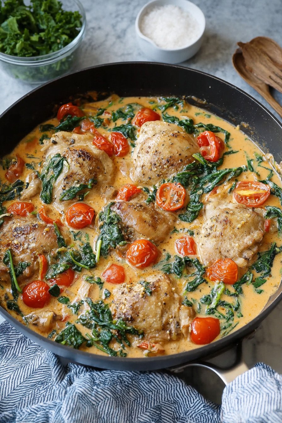One Pan Tuscan Chicken Thighs with Creamy Sun-Dried Tomato Sauce final result