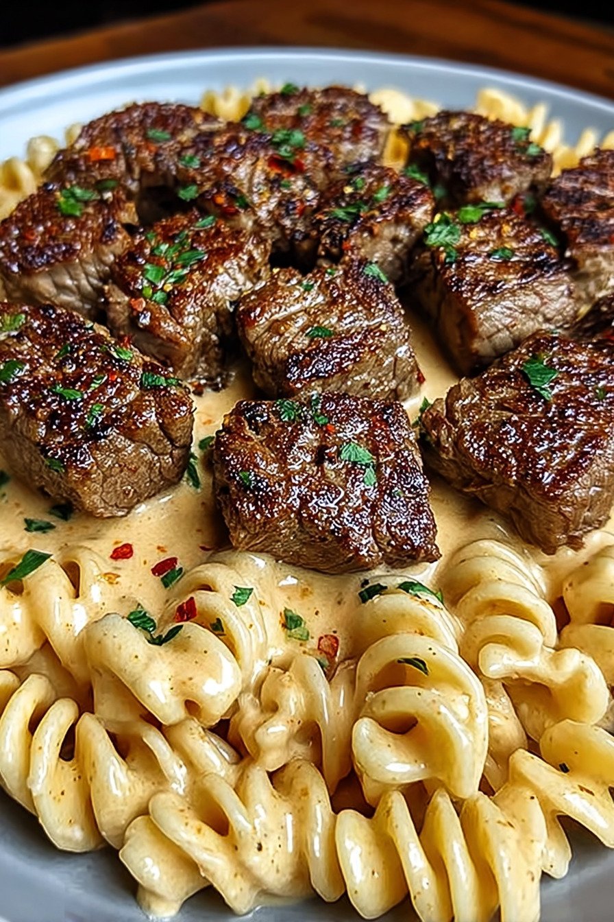 Creamy Garlic Butter Steak Bites with Spicy Cajun Alfredo Twisted Pasta final result