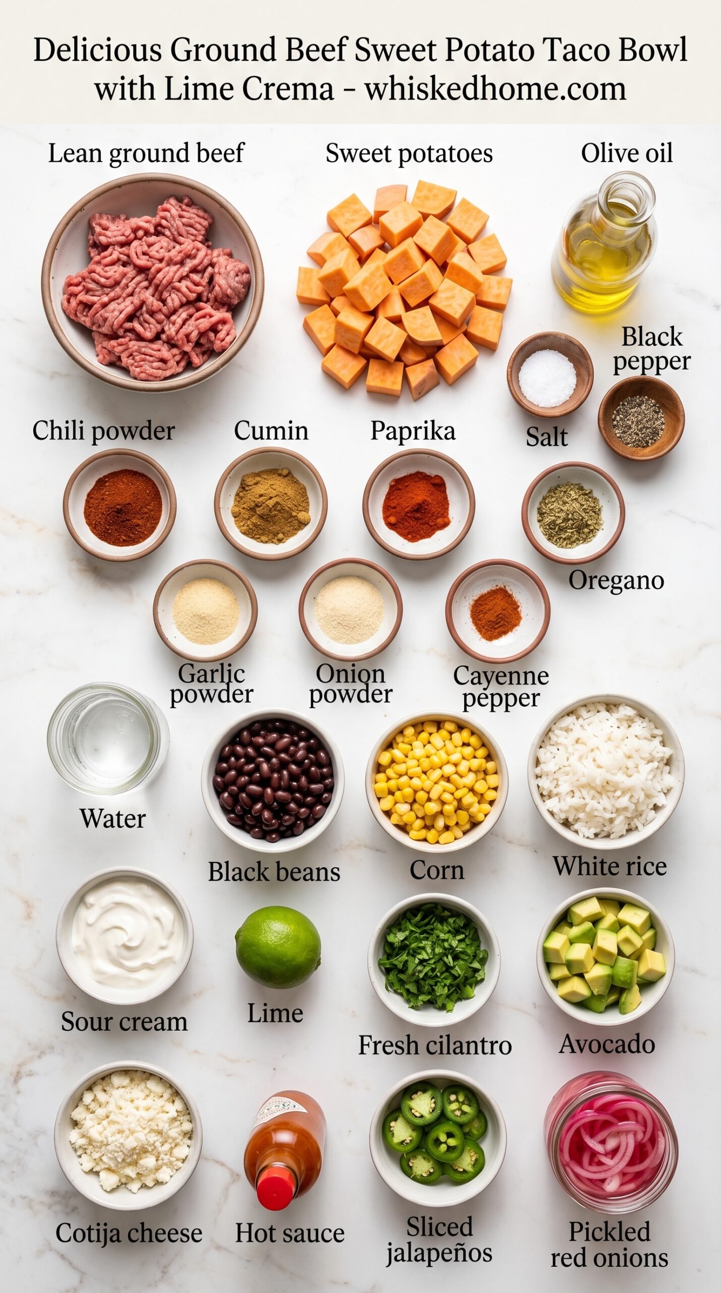 Delicious Ground Beef Sweet Potato Taco Bowl with Lime Crema recipe ingredients