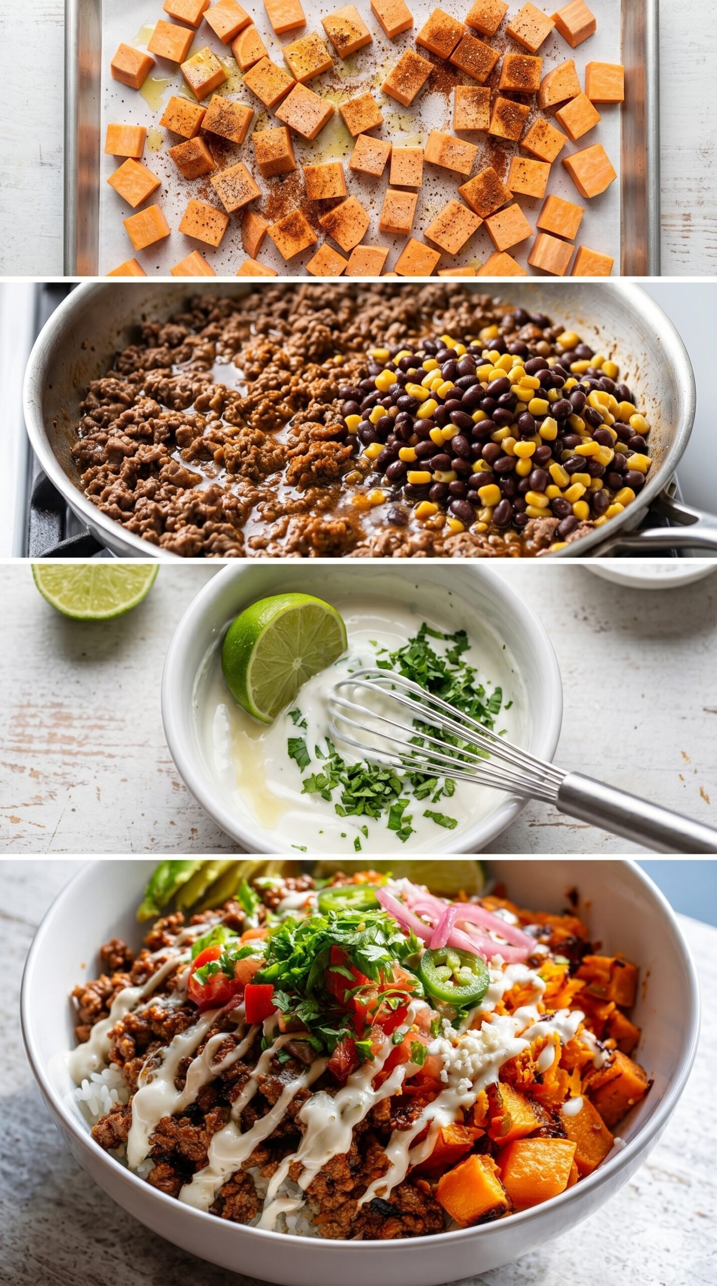 Delicious Ground Beef Sweet Potato Taco Bowl with Lime Crema recipe instructions