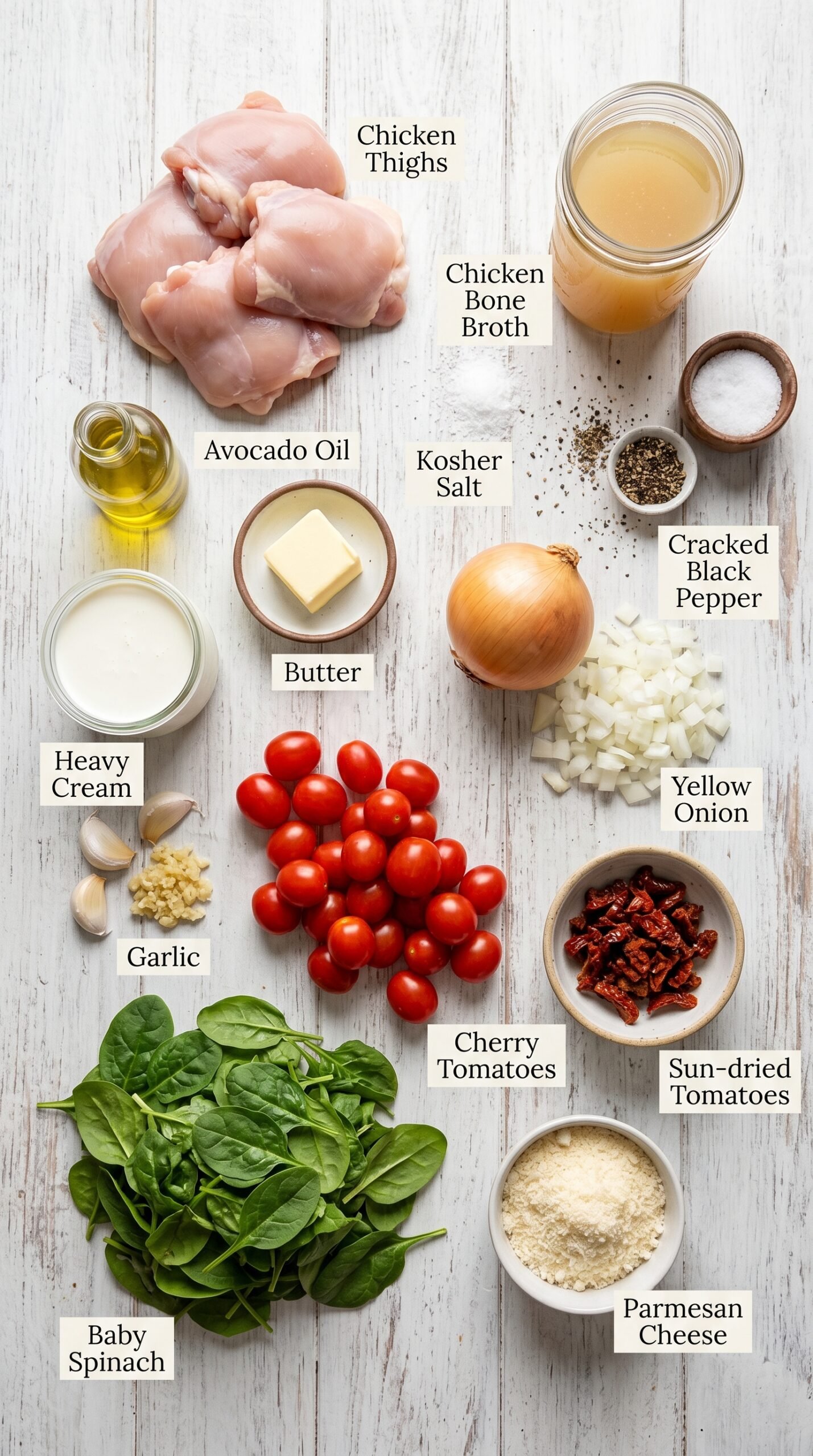 One Pan Tuscan Chicken Thighs with Creamy Sun-Dried Tomato Sauce recipe ingredients
