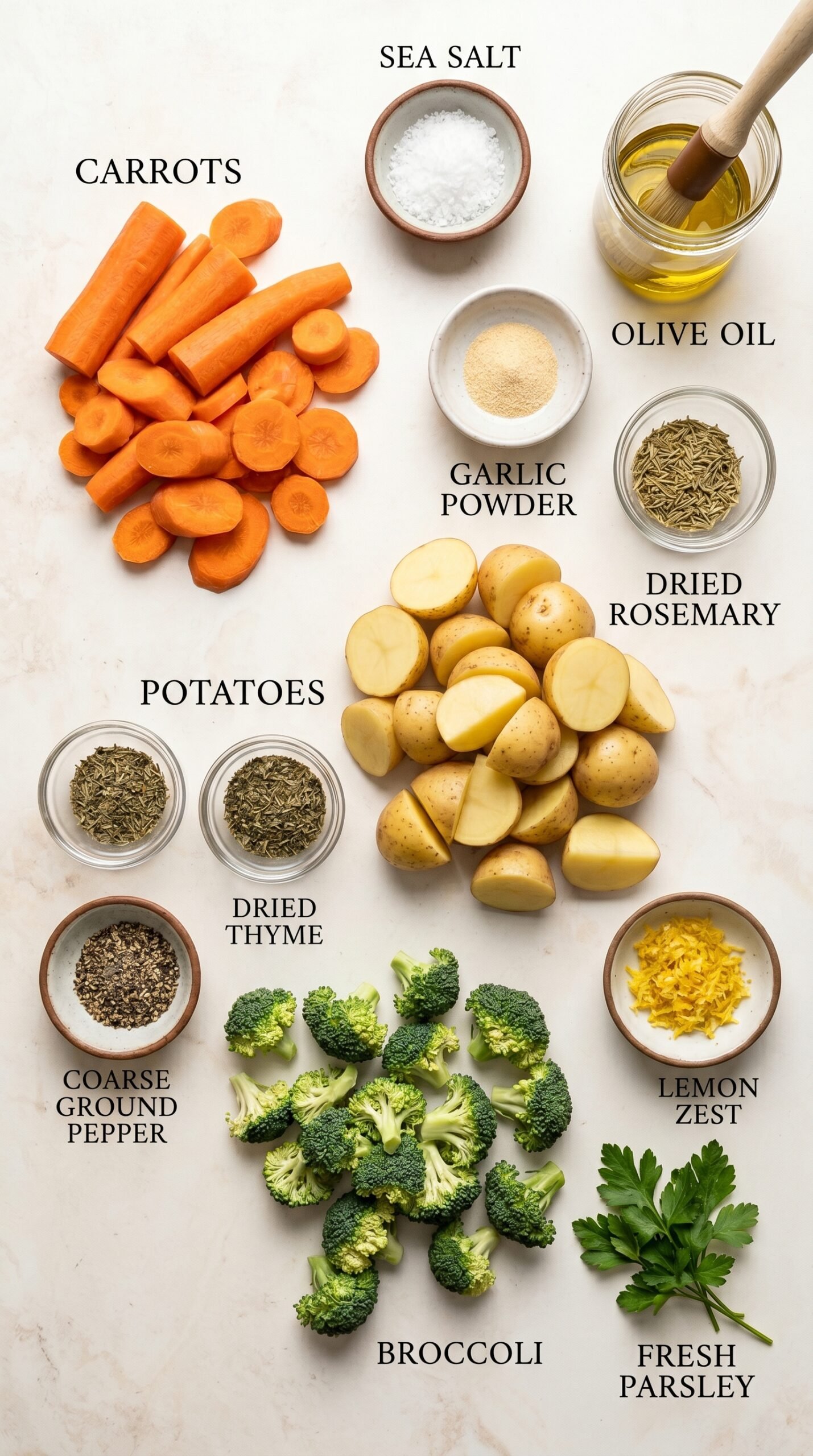 Roasted Potatoes Carrots and Broccoli with Lemon and Herbs recipe ingredients