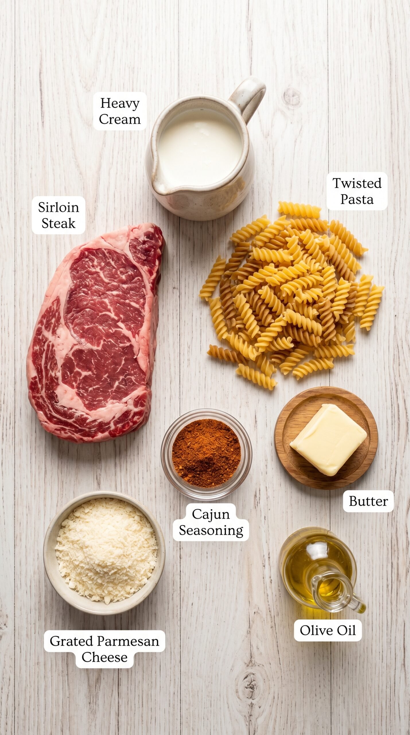 Creamy Garlic Butter Steak Bites with Spicy Cajun Alfredo Twisted Pasta recipe ingredients