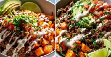 Delicious Ground Beef Sweet Potato Taco Bowl with Lime Crema recipe photo