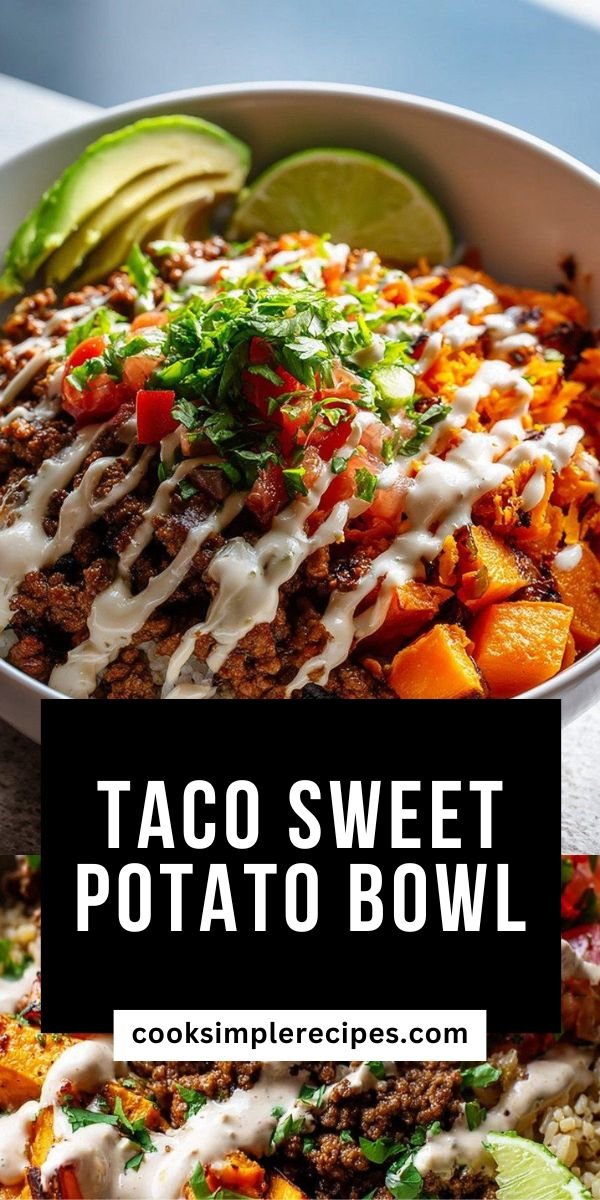 Delicious Ground Beef Sweet Potato Taco Bowl with Lime Crema save this recipe