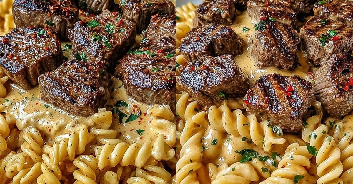 Creamy Garlic Butter Steak Bites with Spicy Cajun Alfredo Twisted Pasta recipe photo